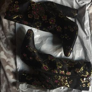 Floral print calf booties
